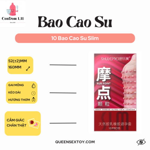 Bao Cao Su Slim Gai mỏng, kéo dài thời gian, nhiều gel, hương thơm, hộp 10 bcs